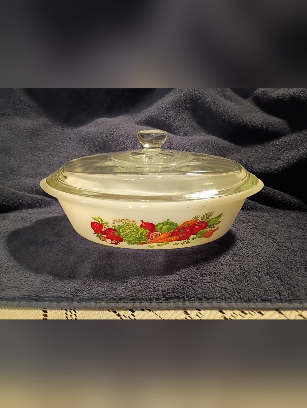 Glasbake Milk Glass Casserole Dish with Veggie Print and Glass Lid